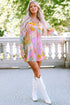 Multi-Color Abstract Print Frill Split Neck Babydoll Mini Dress